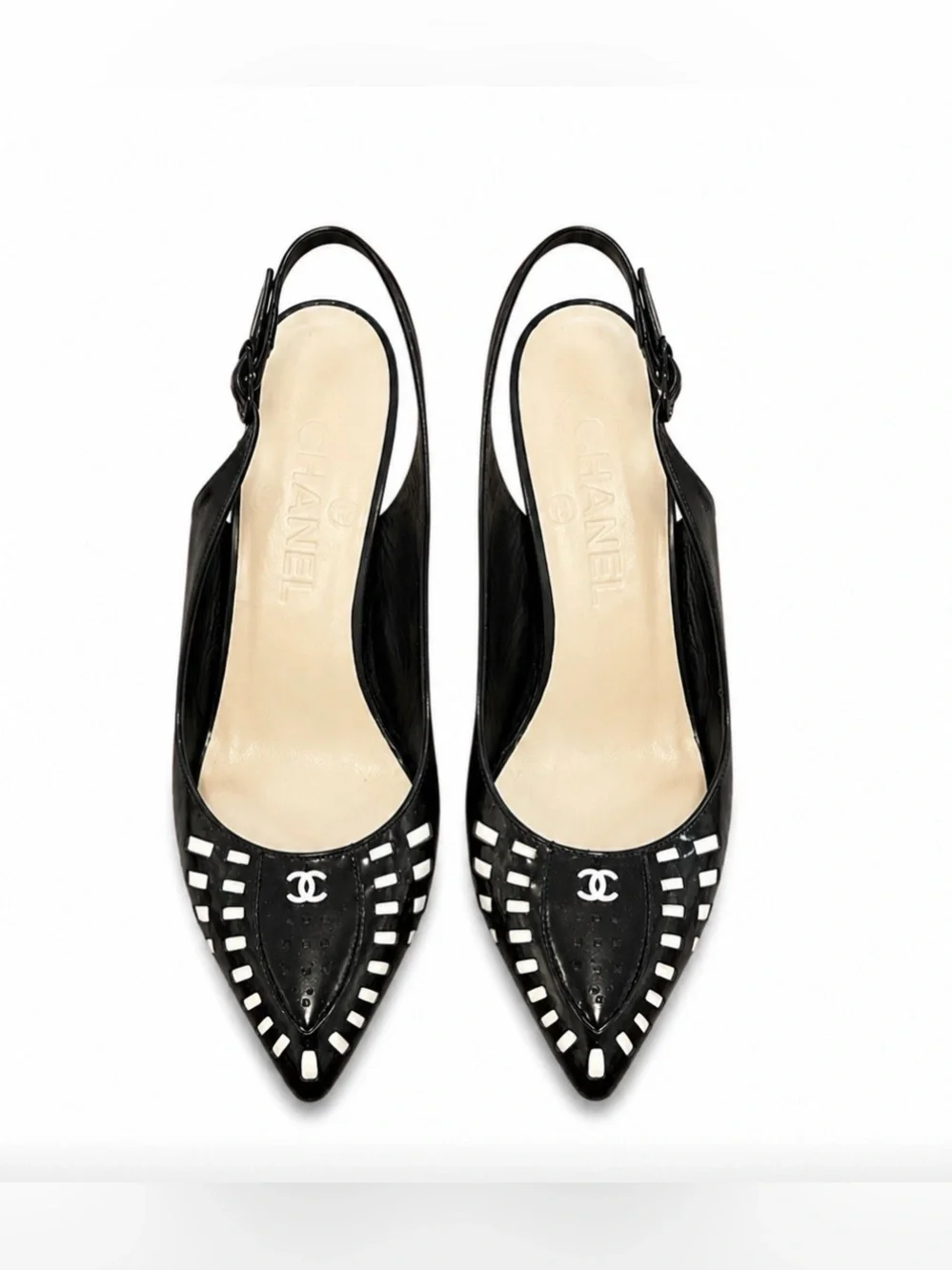 CHANEL Black & White Logo Slingback Heels 36.5